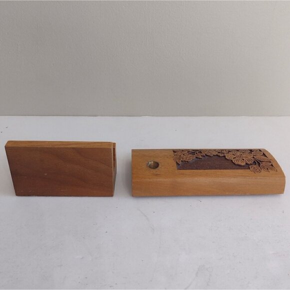 Vintage Laser Craft Engraved Walnut Envelope Card Pen Desk Holder Tree Floral - Picture 5 of 11